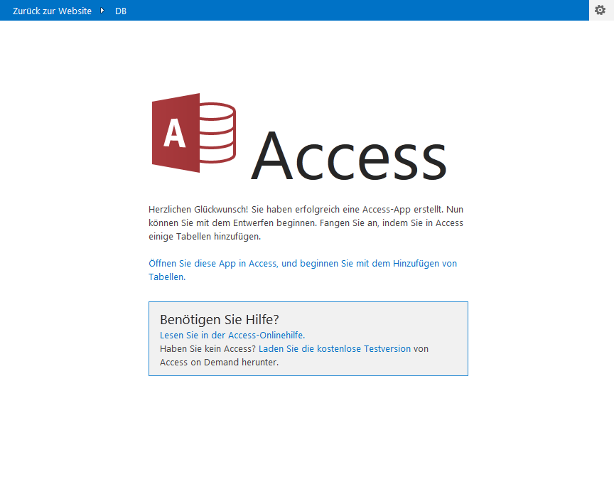 SharePoint (hier: 2013) meldet die erfolgreiche Erstellung einer neuen Access-App.
