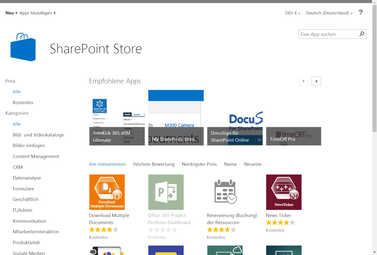 Startseite des App-Stores für SharePoint-Add-Ins (aufgerufen über SharePoint-Online Anfang 2017).